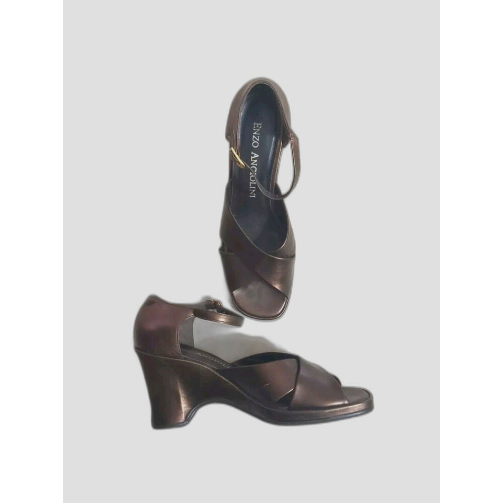 Enzo Angiolini Shoes 8N  Comfort Bronze Leather Peep Ankle Strap Block Heels